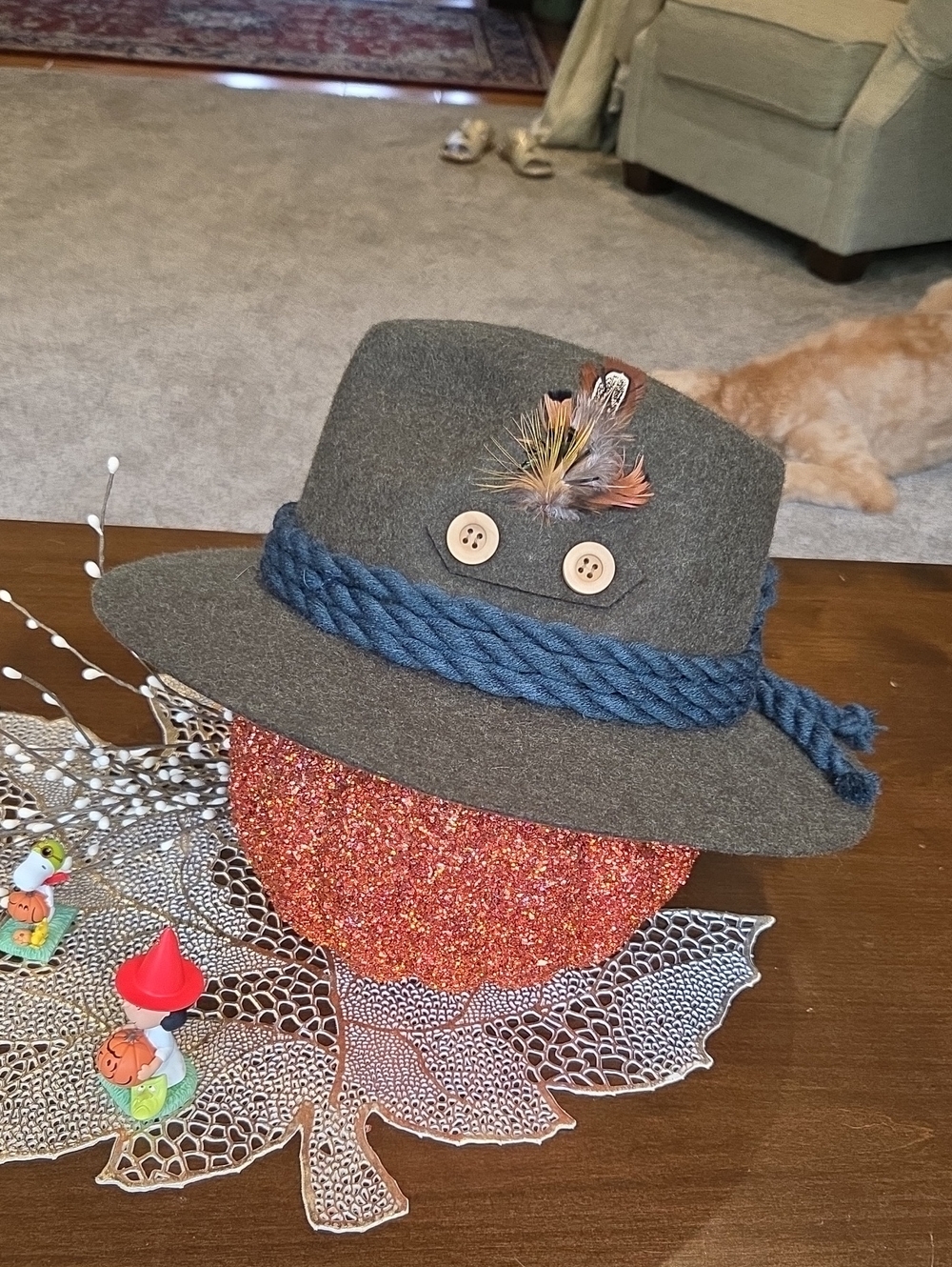 Kids Felt Fedora Hat with Decorative Rope and Feather - Olive Green